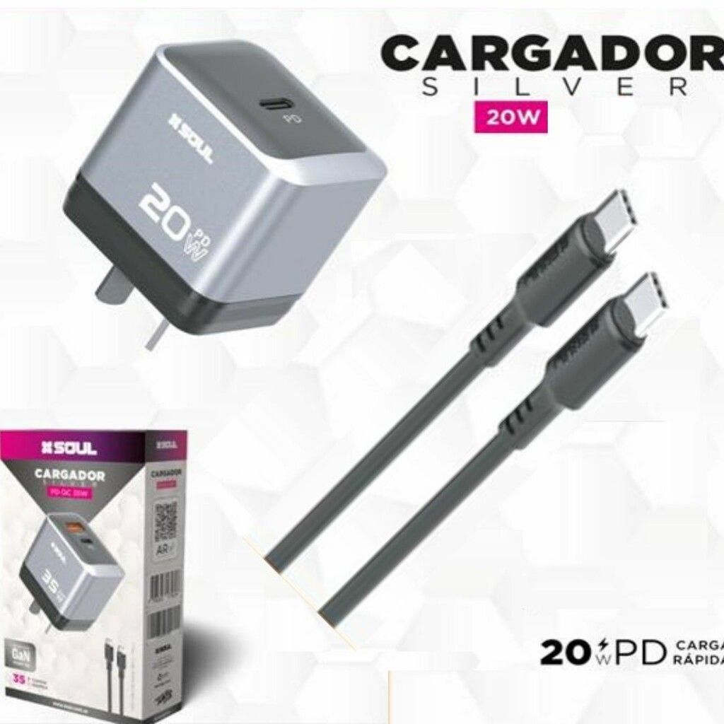 CARGADOR SOUL SILVER 20W TIPO C A TIPO C PD CVJ-PD20WTGR CARGADOR SOUL SILVER 20W TIPO C A TIPO C PD CVJ-PD20WTGR - Imagen 1